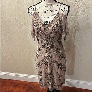 Aidan Mattox Blush and Silver Embellished Midi Dress